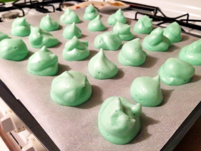 mint chocolate meringues on sheet