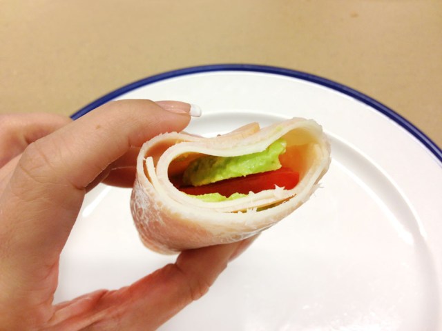 Turkey, swiss and avocado rolls - finished roll 2 with tomato